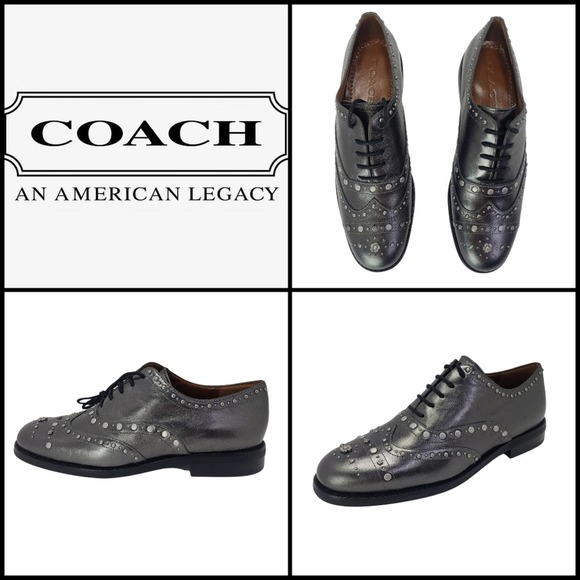Coach Shoes - MSRP $250, New Coach Tegan Gunmetal Leather Studded Oxford Wingtip Shoes, Size 7